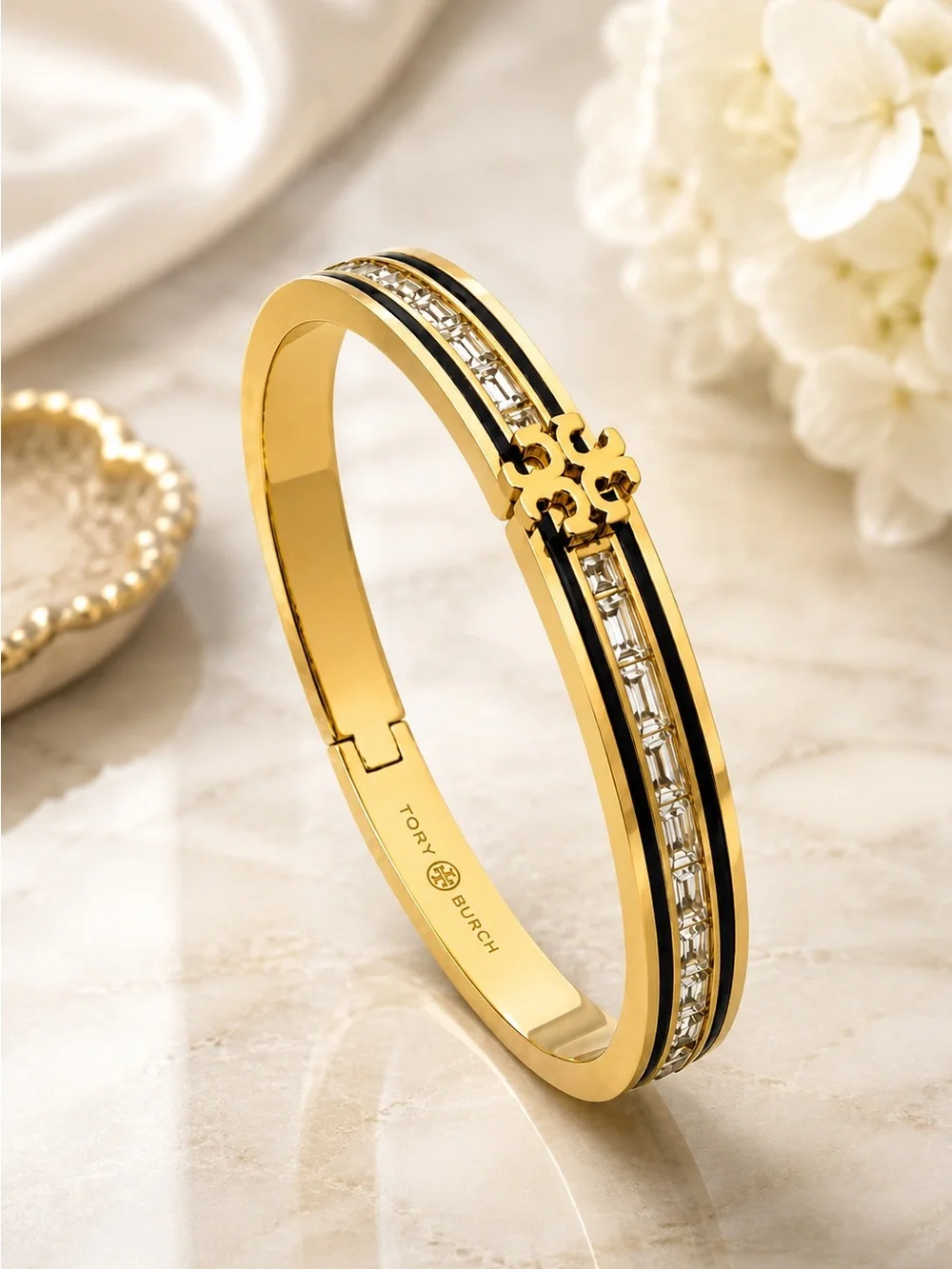 Tory Burch Gold and Black Enamel Logo Bangle with Crystal Accents